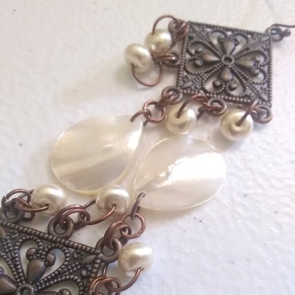 Sleek Chic Robust Feminine Girly Elegant Rustic Copper & MOP + Pearl Earrings - Picture 9 of 11